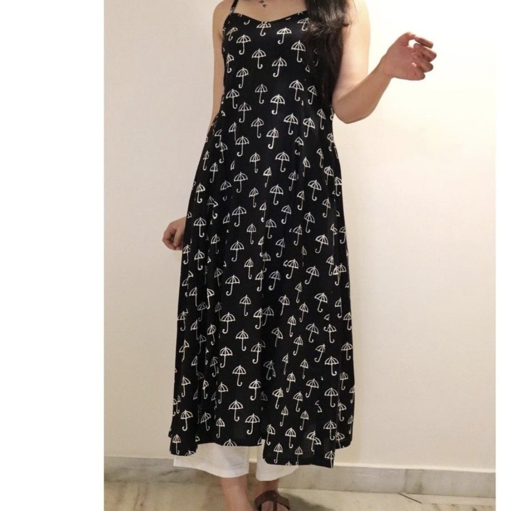 Strap black cotton block print dress